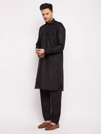 Men's Black Cotton Blend Pathani Pathani Kurta Set