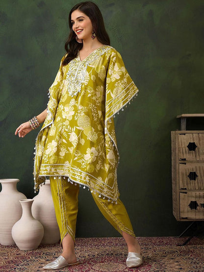 Dhiyona IS Women's Women Floral Printed Kaftan Kurta with Churidar