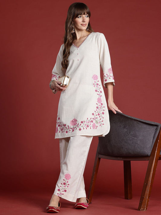 Dhiyona IE Women Floral Printed Regular Thread Work Pure Cotton Kurta with Palazzos