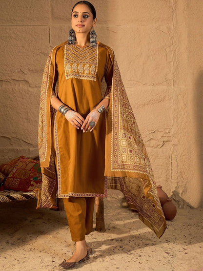 Floral Embroidered Mirror Work Pure Cotton Kurta With Trousers & Dupatta