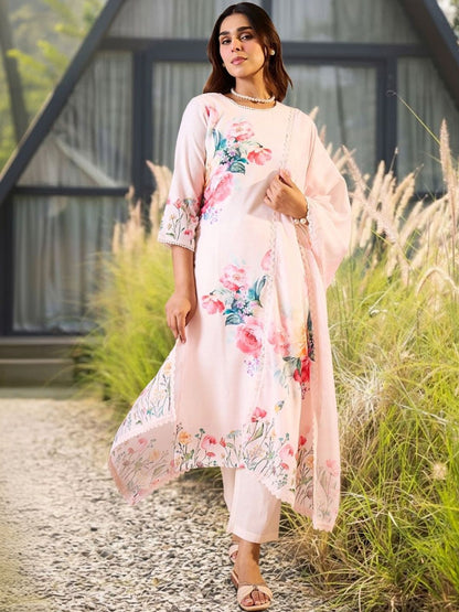 Women Floral Printed Regular Linen Kurta with Trousers & With Dupatta