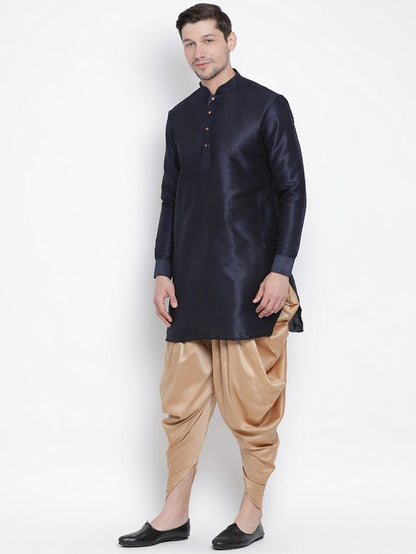 Men's Dark Blue Silk Blend Pathani Kurta and Dhoti Set