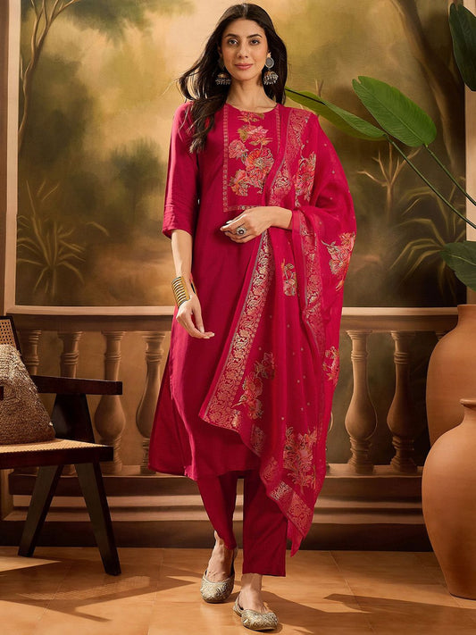 Dhiyona SN Women's Floral Printed Round Neck Kurta With Trousers & Dupatta Set