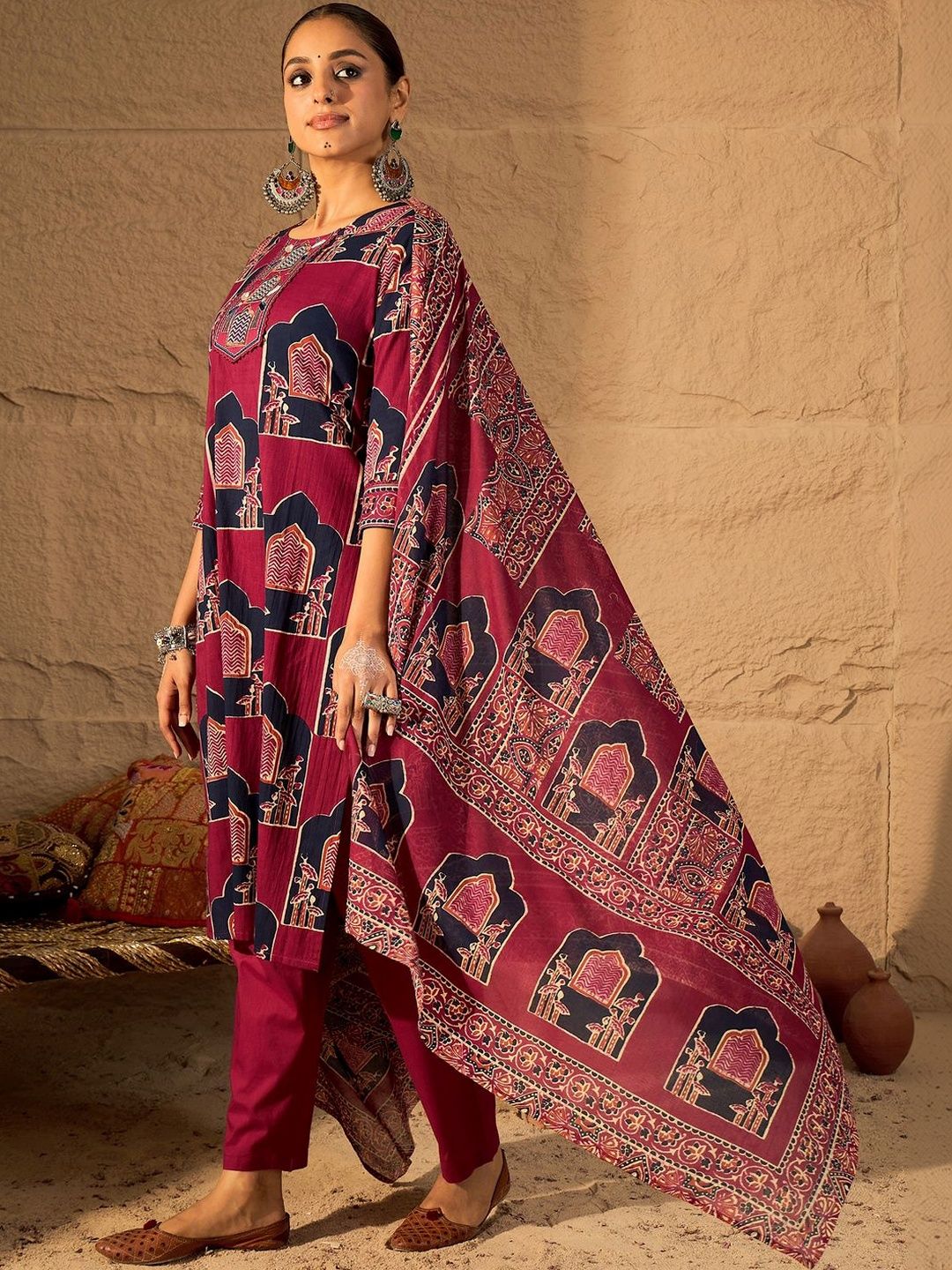 Women Ethnic Motifs Printed Regular Sequinned Pure Cotton Kurta with Trousers & With Dupatta