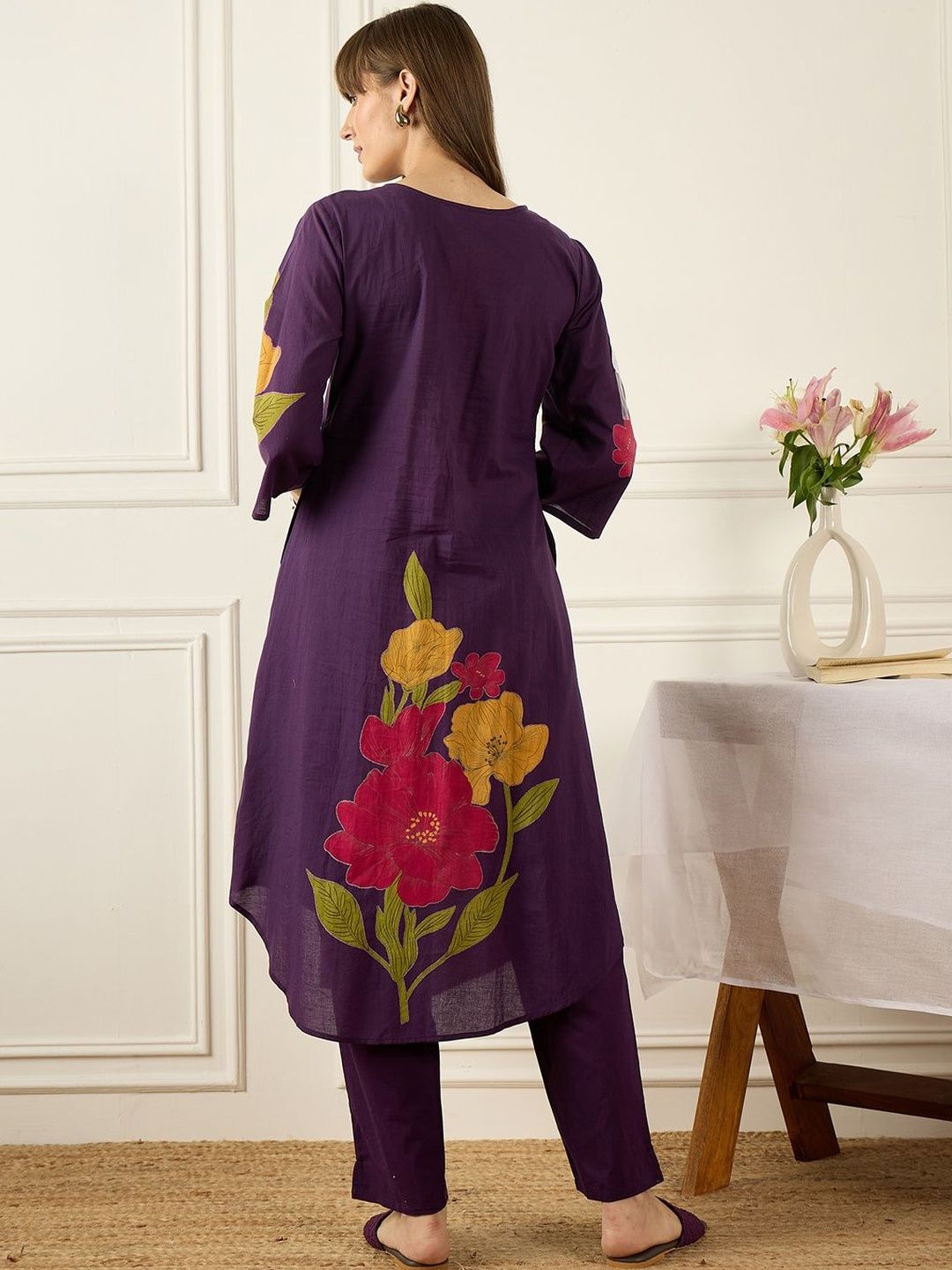 Floral Printed Thread Work Pure Cotton Kurta With Palazzos
