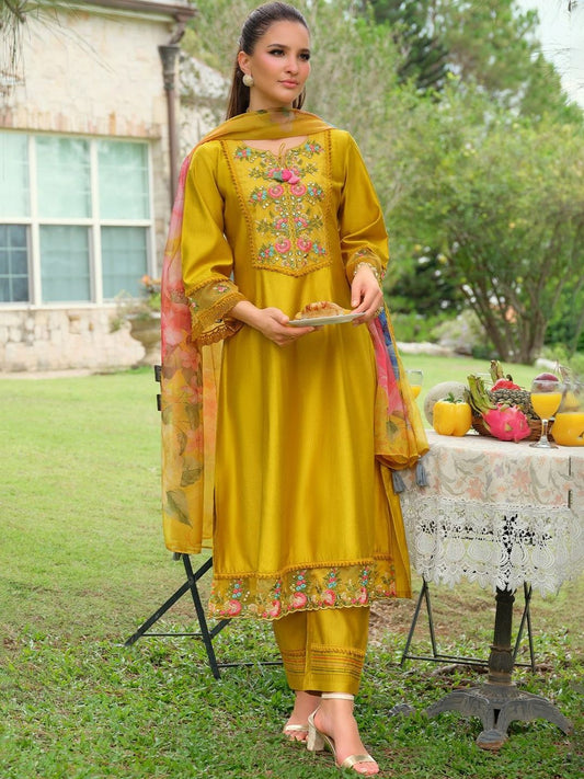 Floral Yoke Design Tie-Up Neck Mirror Work A-Line Kurta & Dupatta with Trousers