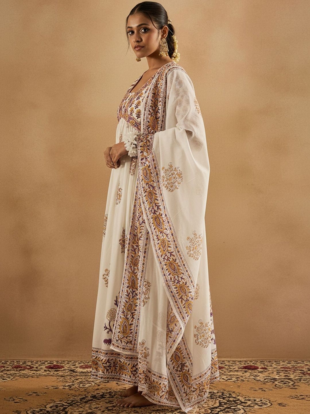 Ethnic Motifs Printed Empire Pure Cotton Anarkali Kurta With Trousers & Dupatta