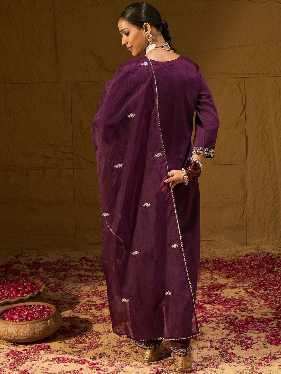 Dhiyona IE Burgundy Floral Embroidered Straight Kurta with Trousers & Dupatta