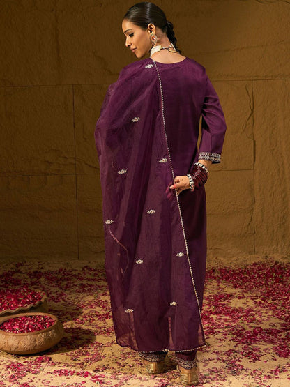 Dhiyona IE Burgundy Floral Embroidered Straight Kurta with Trousers & Dupatta