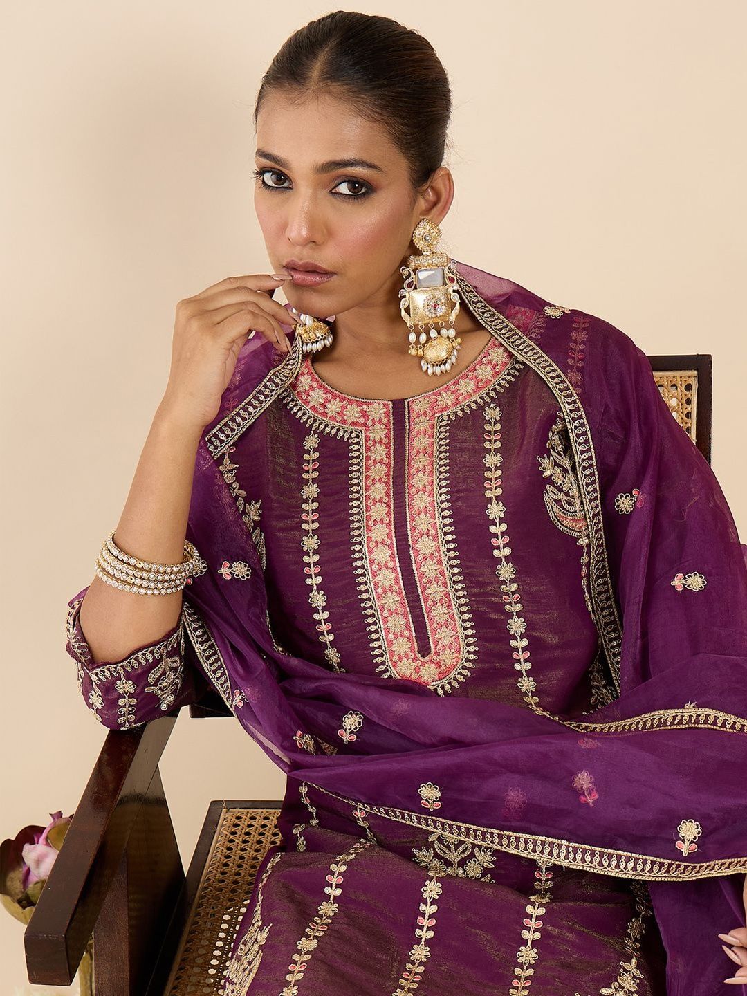 Women Ethnic Motifs Embroidered Regular Kurta with Palazzos & With Dupatta
