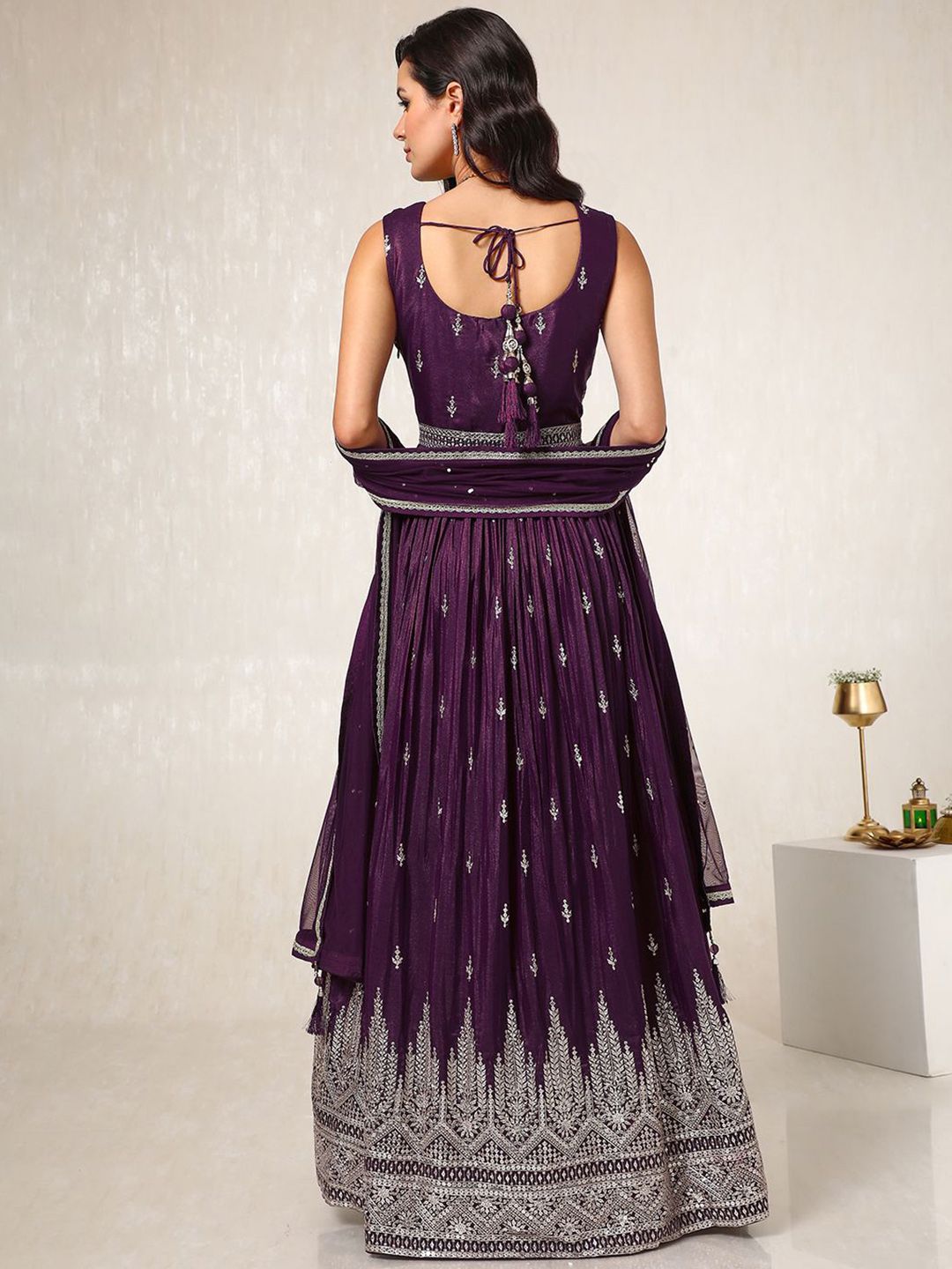 Dhiyona SO Women's Geometric Embroidered Regular Sequinned Anarkali Kurta & Churidar With Dupatta