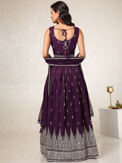 Dhiyona SO Women's Geometric Embroidered Regular Sequinned Anarkali Kurta & Churidar With Dupatta