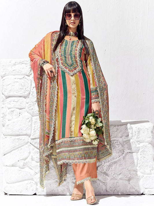Dhiyona IE Peach Coloured Floral Printed Straight Kurta with Trousers & Dupatta
