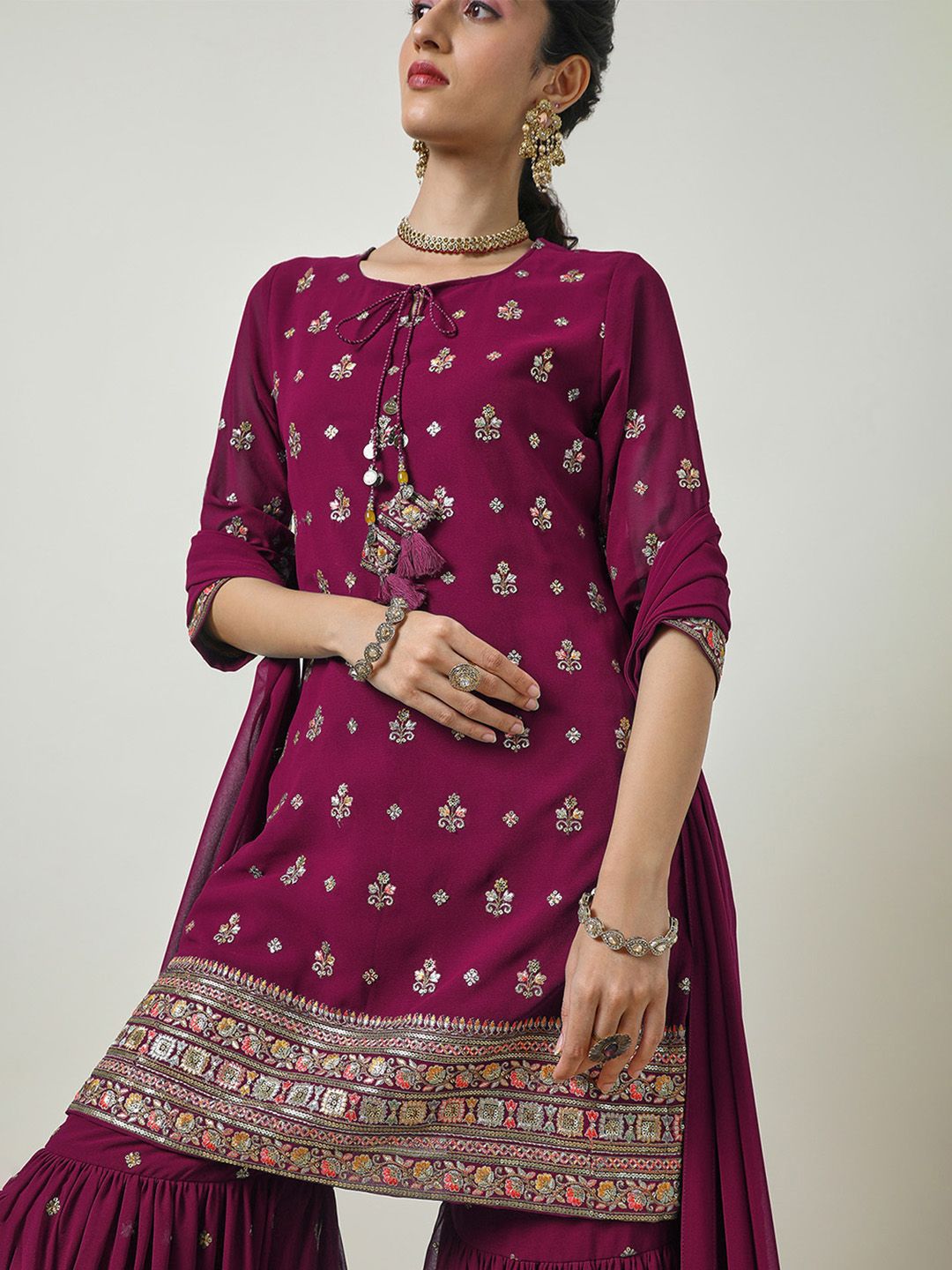 Dhiyona SO Women's Floral Embroidered Georgette Straight Kurti With Sharara & Dupatta