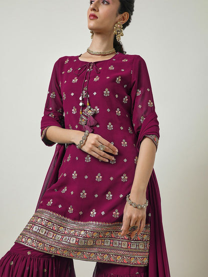 Dhiyona SO Women's Floral Embroidered Georgette Straight Kurti With Sharara & Dupatta