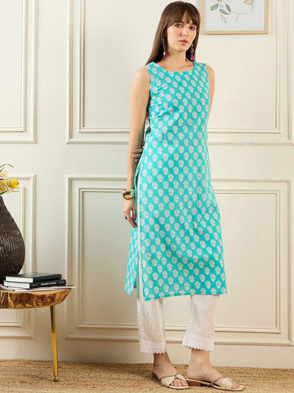 Dhiyona IE Ethnic Motifs Embroidered Round Neck Thread Work Cotton Straight Kurta