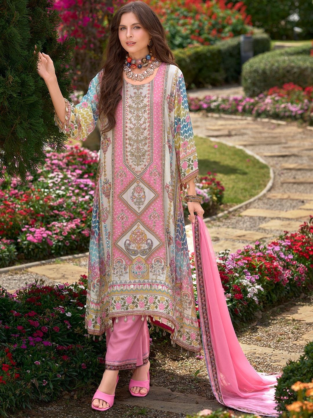 Dhiyona IE Ethnic Motifs Printed Mirror Work Liva Kurta With Trouser & Dupatta