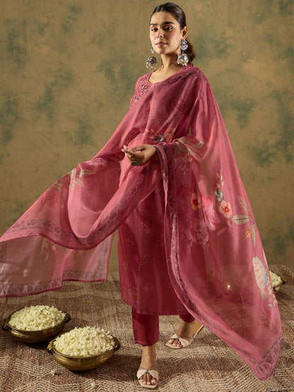 Floral Printed Thread Work Chanderi Silk Straight Kurta with Trouser & Dupatta