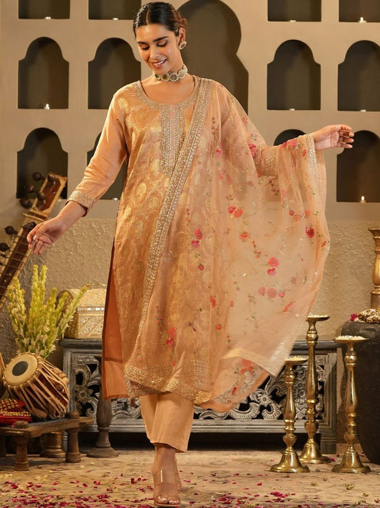 Ethnic Motifs Woven Design Zari Round Neck Straight Kurta & Trousers With Dupatta
