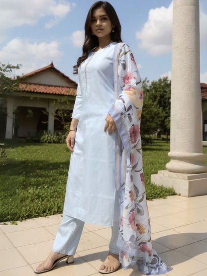 Women Round Neck Kurta with Trousers & Dupatta
