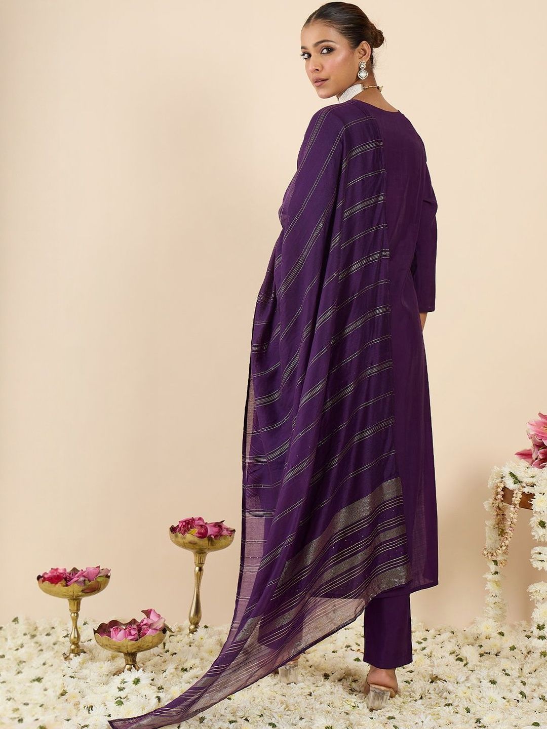 Women Ethnic Motifs Embroidered Regular Thread Work Kurta with Trousers & With Dupatta