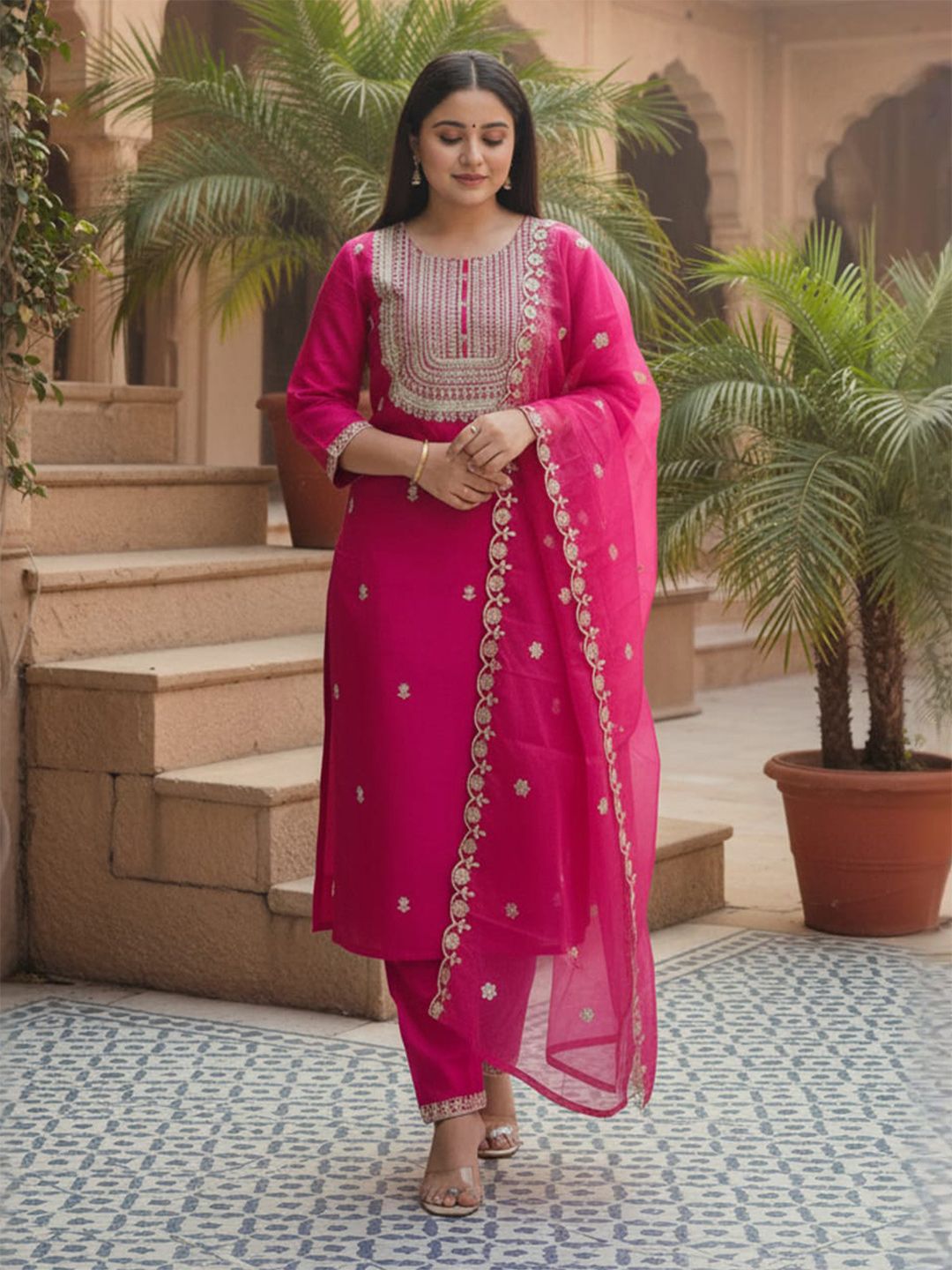 Women Ethnic Motifs Embroidered Kurta with Trousers & Dupatta