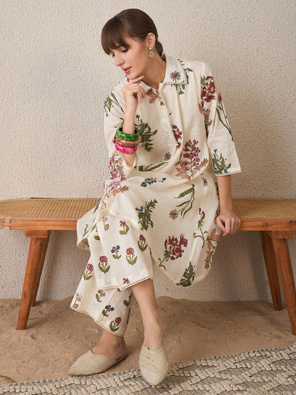 Floral Printed Pure Cotton Shirt Collar A-Line Kurta With Palazzos