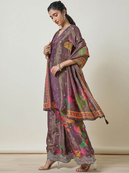 Dhiyona SO Women's Floral Printed V Neck Sequinned Tissue A Line Kurti with Palazzos & Dupatta