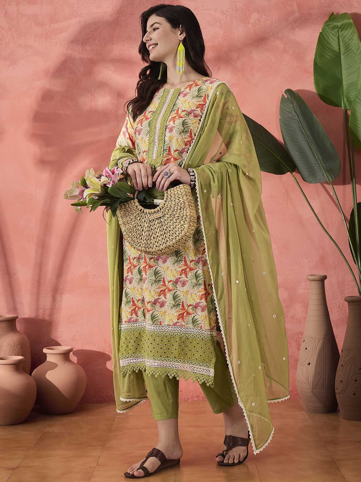 Dhiyona SN Women's Green Floral Printed Round Neck Pure Cotton Kurta With Trousers & Dupatta