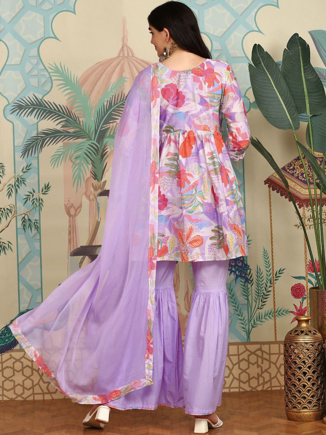 Dhiyona IS Women's Floral Printed Thread Work Pure Cotton A-Line Kurta with Sharara & Dupatta