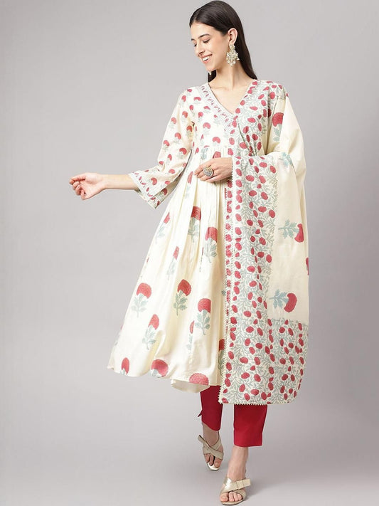 Dhiyona KL Women Floral Printed Pleated Sequinned Chanderi Cotton Kurta Set