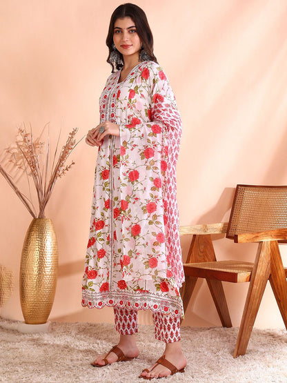 Dhiyona OD  Thread Work Pure Cotton Anarkali Kurta with Trousers & Dupatta