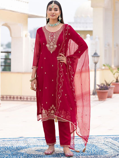 Dhiyona CH Embroidered Round Neck Thread Work Kurta With Trousers & Dupatta