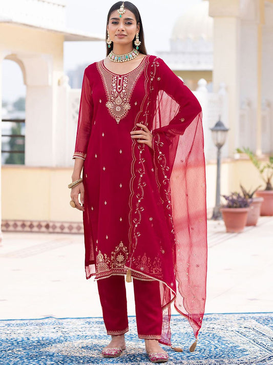 Dhiyona CH Embroidered Round Neck Thread Work Kurta With Trousers & Dupatta