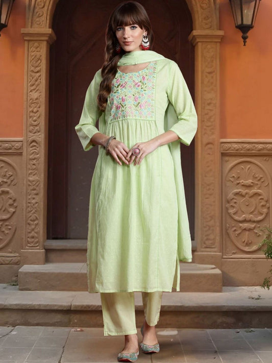 Women Floral Embroidered Regular Thread Work Pure Cotton Kurta with Trousers & With Dupatta