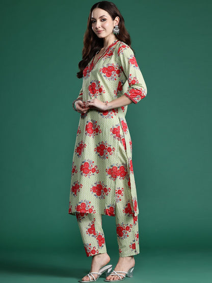 Dhiyona IE Floral Printed Mirror Work Pure Cotton Kurta with Trousers
