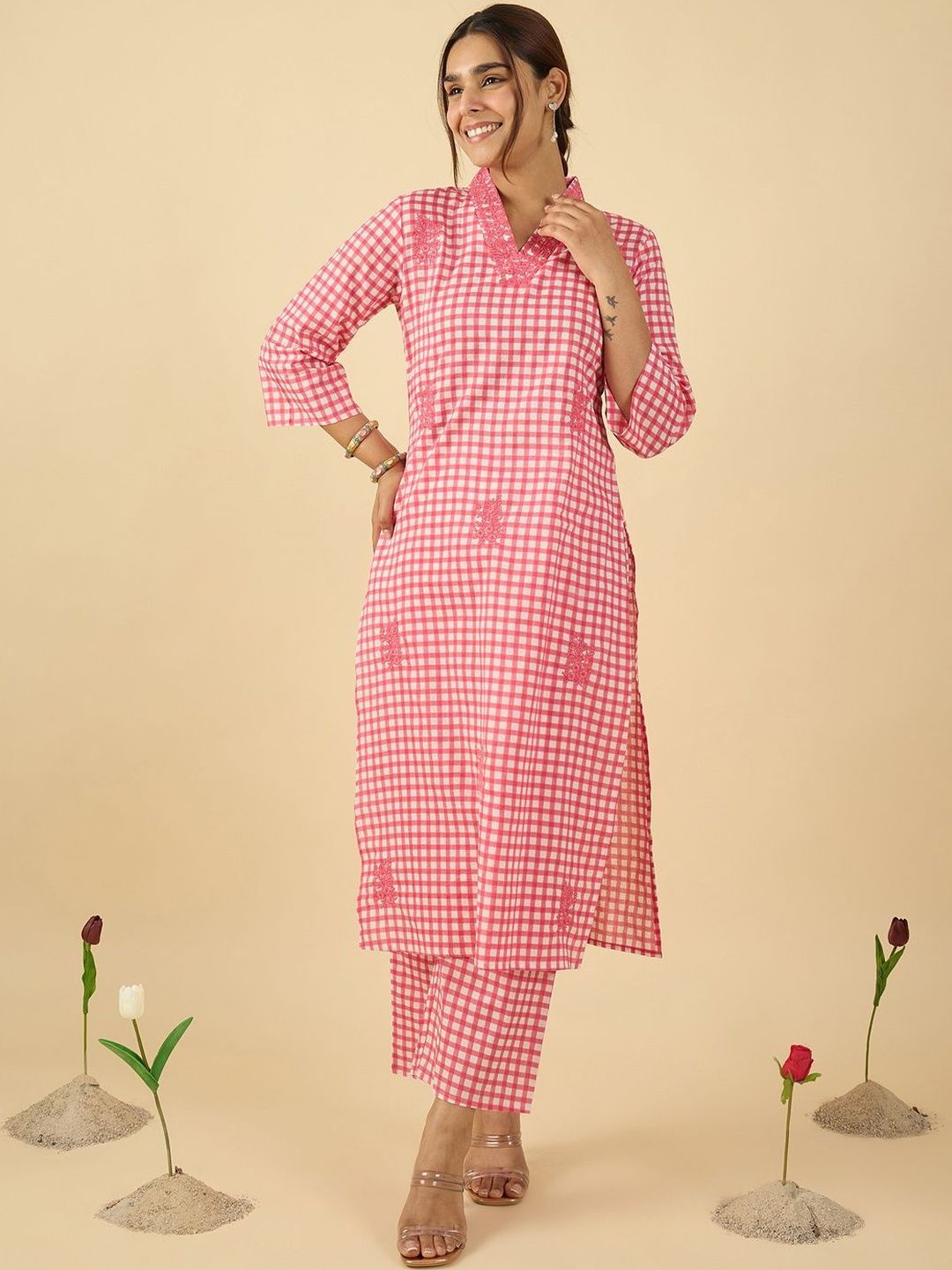 Women Regular Thread Work Pure Cotton Kurta with Trousers