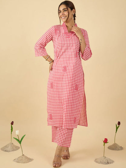 Women Regular Thread Work Pure Cotton Kurta with Trousers