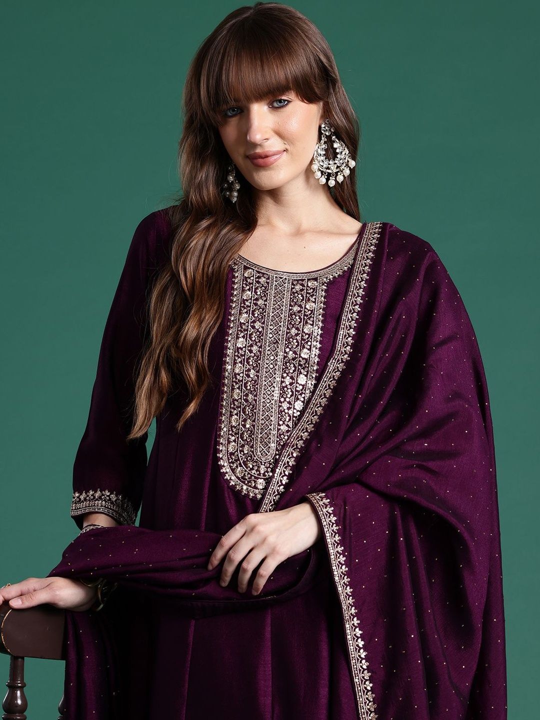 Women Ethnic Motifs Embroidered Panelled Thread Work Kurta with Trousers & With Dupatta