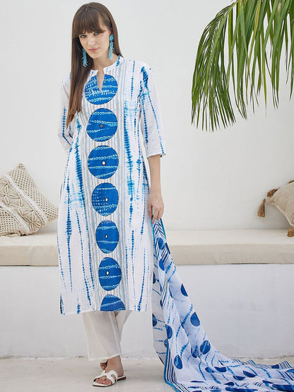 Tie And Dye Screen Technique Pure Cotton Kurta With Trousers & Dupatta