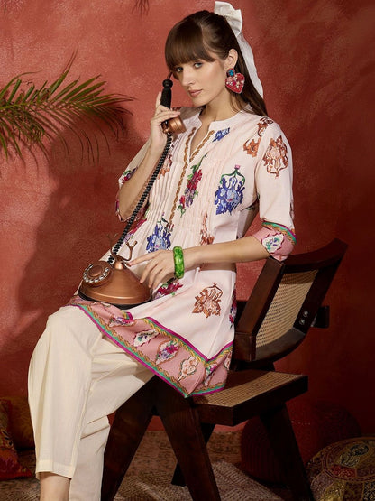 Women Floral Printed Regular Thread Work Pure Cotton Kurta with Trousers