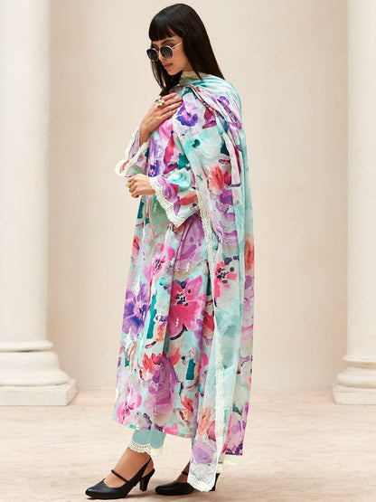 Dhiyona IE Women Floral Embroidered Regular Thread Work Kurta with Trousers & With Dupatta