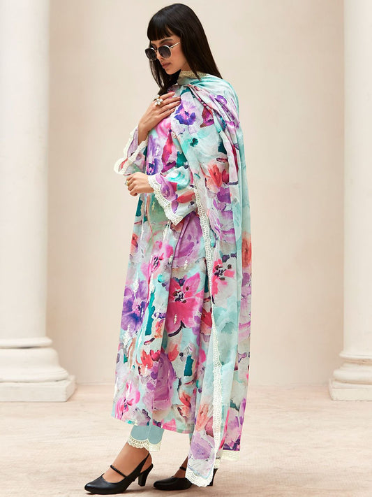 Dhiyona IE Women Floral Embroidered Regular Thread Work Kurta with Trousers & With Dupatta