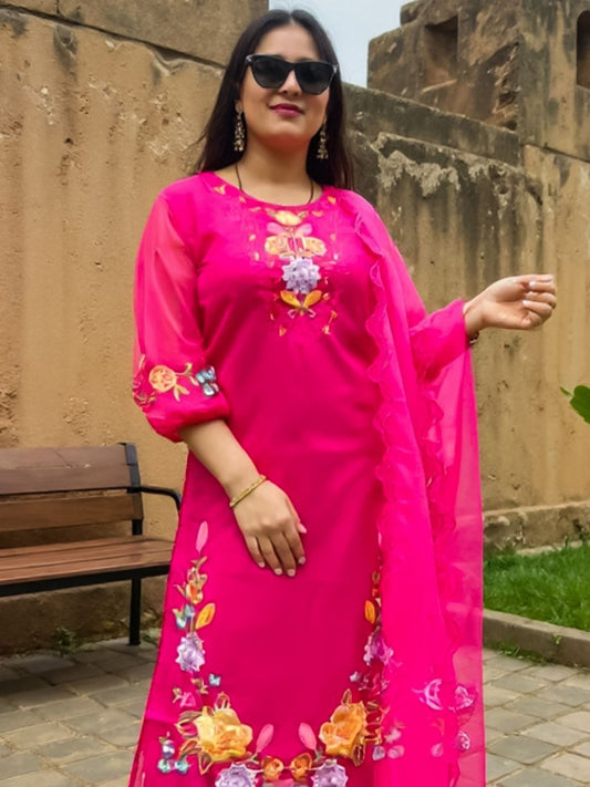 Ethnic Motifs Embroidered Round Neck Thread Work Kurta with Trousers & Dupatta