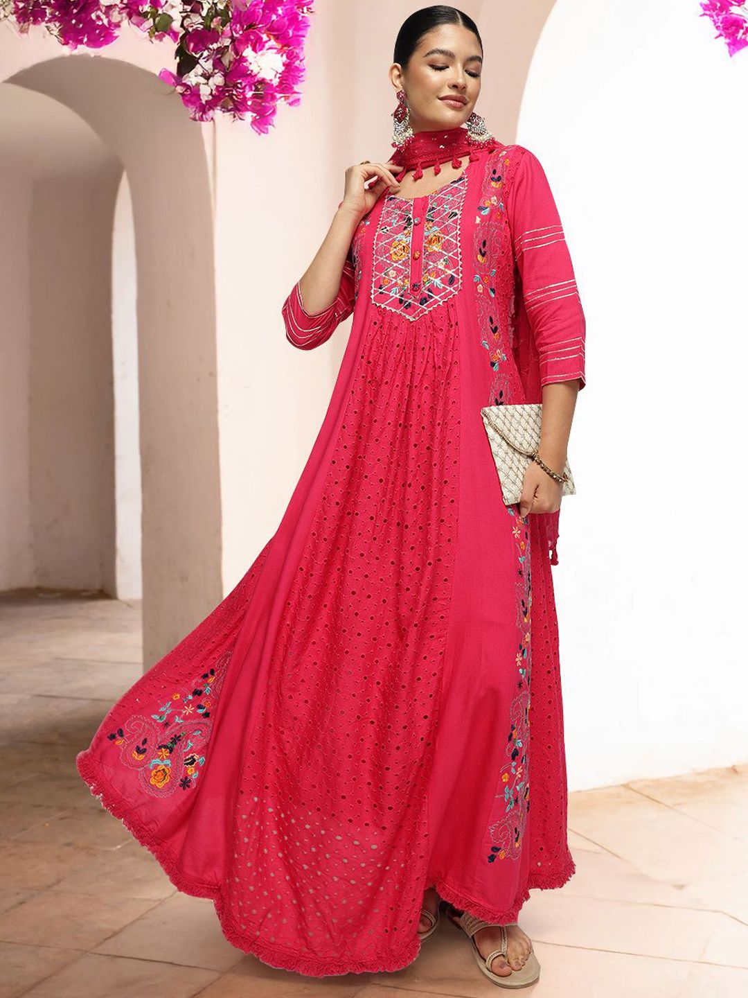 Dhiyona IS Women's Embroidered Thread Work Round Neck A-Line Kurta with Trousers & Dupatta
