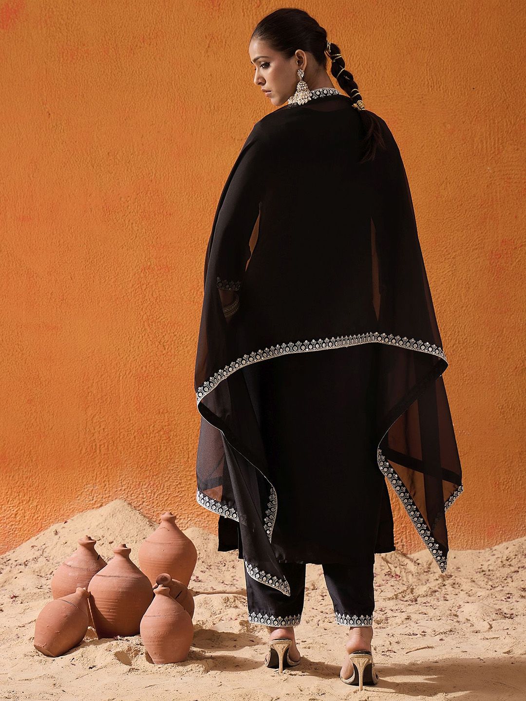 Black Floral Yoke Design Straight Sequinned Kurta With Trousers & Dupatta