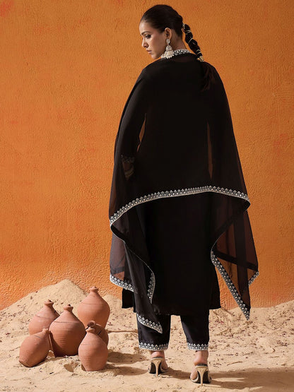 Black Floral Yoke Design Straight Sequinned Kurta With Trousers & Dupatta