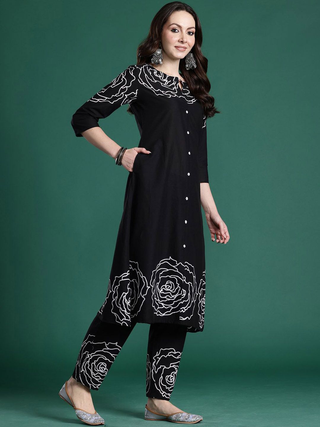 Dhiyona IE Floral Printed Pure Cotton Round Neck Tunic With Trousers Co-Ords