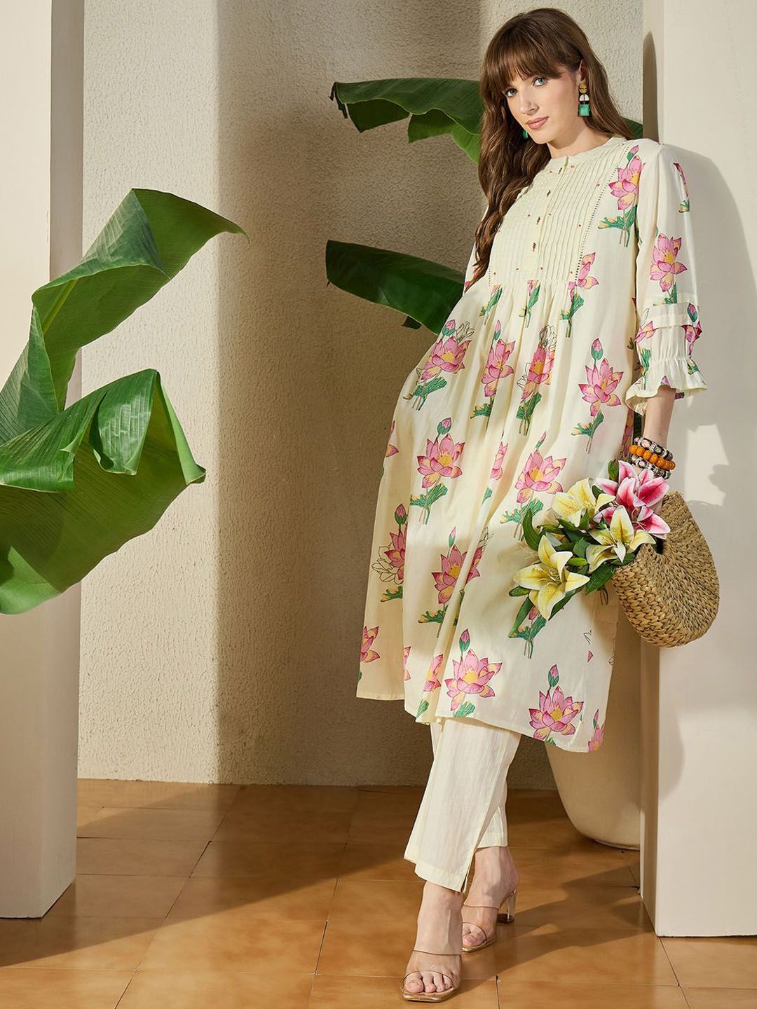 Dhiyona IE Printed Mandarin Collar Pure Cotton Tunic With Trouser