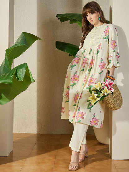 Dhiyona IE Printed Mandarin Collar Pure Cotton Tunic With Trouser